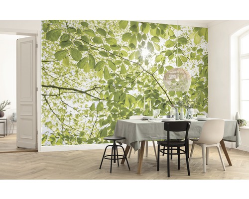 Woonkamer met fotobehang met bladerdakmotief, eettafel en stoelen