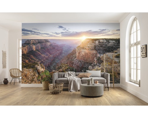 Woonkamer met Grand Canyon fotobehang, bank en decoratie