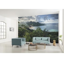 Woonkamer met fotobehang van een tropisch landschap