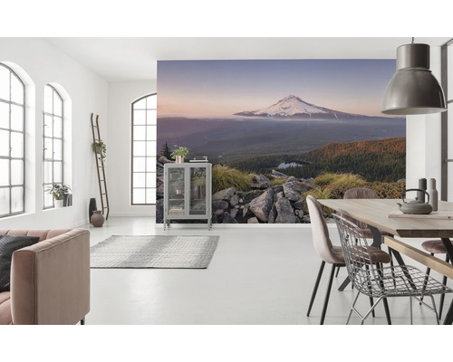 Lichte woonkamer met fotobehang van een berg