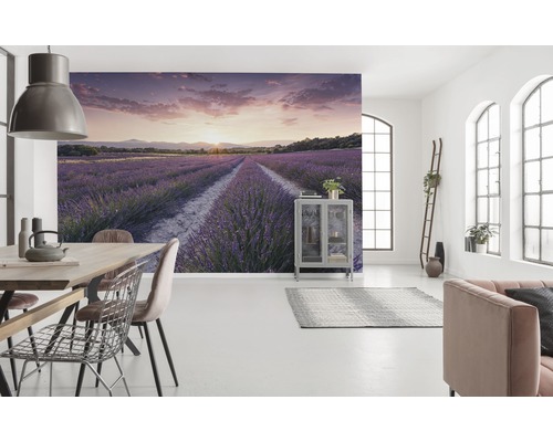 Lichte woonkamer met muurschildering van een lavendelveld bij zonsondergang, eettafel en bank