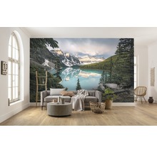 Woonkamer met fotobehang dat een bergmeer en een berglandschap toont