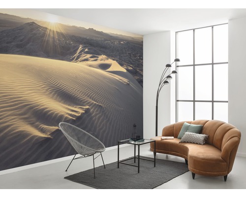 Woonkamer met fotobehang woestijn, fauteuil, bank en vloerlamp