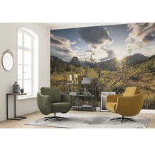 Woonkamer met landschapsbehang, fauteuils, bijzettafel en rek