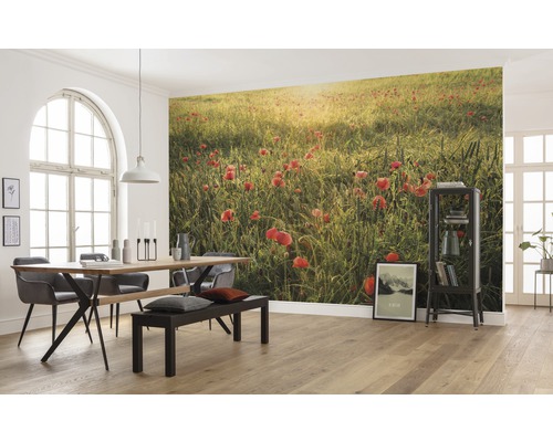 Eetkamer met eettafel, stoelen, zitbank en fotobehang met klaprozenveld