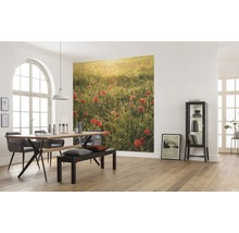Lichte eetkamer met eettafel, stoelen, zitbank en fotobehang met klaprozenveld