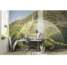 Woonkamer met fotobehang met een waterval en een regenboog, plus bureau en kantoormeubilair.