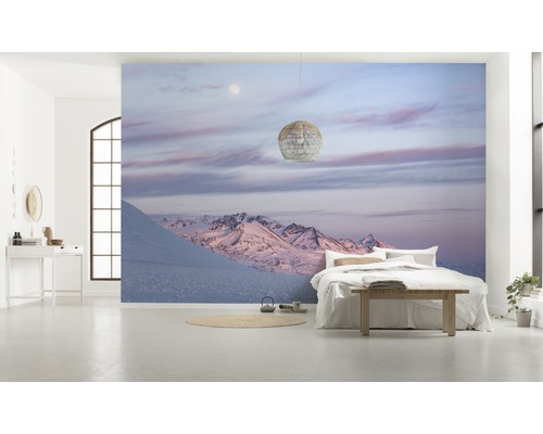 Woonkamer met fotobehang berglandschap in de winter