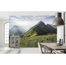 Woonkamer met behang van een berglandschap, eettafel en vitrinekast