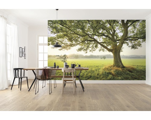 Woonkamer met fotobehang dat een boom op een groene weide toont.