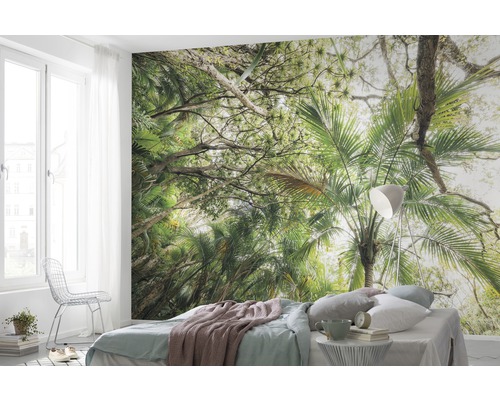 Kamer met fotobehang dat een dicht oerwoud voorstelt