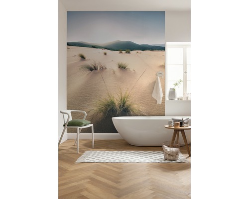 Badkamer met foto van zandduinen, bad en stoel