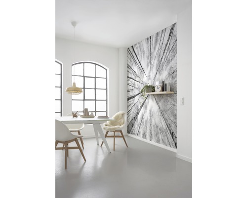 Lichte eetkamer met eettafel, stoelen en een fotobehang met boomtoppenmotief