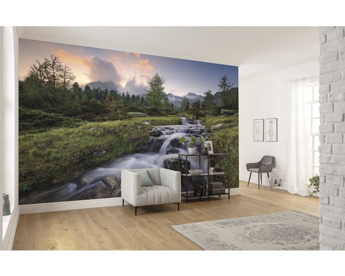 Woonkamer met fotobehang van een bergbeek