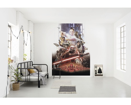 Moderne woonkamer met Star Wars muurschildering en minimalistische inrichting