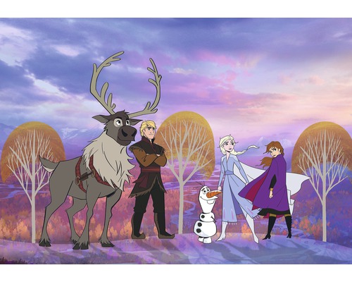 KOMAR Fotobehang vlies DX8-013 Disney Edition 4 Frozen Autumn Forest 400x280 cm Scène met personages uit de film Frozen 2, waaronder rendier Sven, Kristoff, sneeuwpop Olaf, Elsa en Anna.