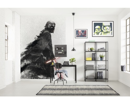 Kantoor met Star Wars muurschildering, bureau, stoel en plank