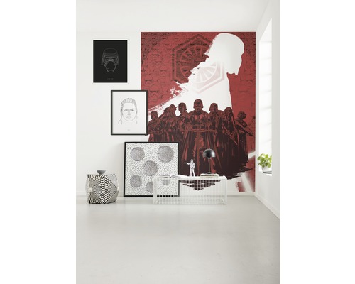 Woonkamer met Star Wars fotobehang, posters, bijzettafel en decoraties
