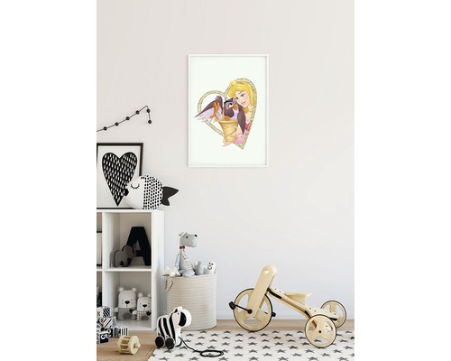 Ingelijste kinderkamerfoto met stripfiguur en vogels in hartvorm