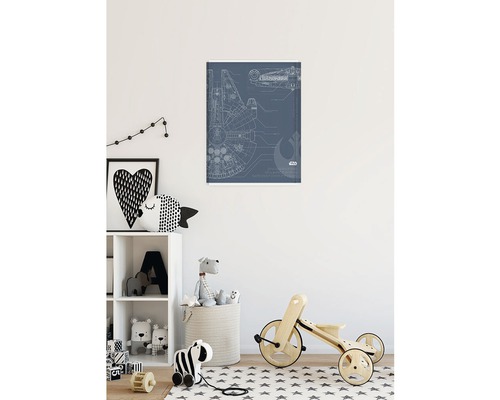 Kinderkamer met Star Wars wanddecoratie met technische tekeningen van de Millennium Falcon