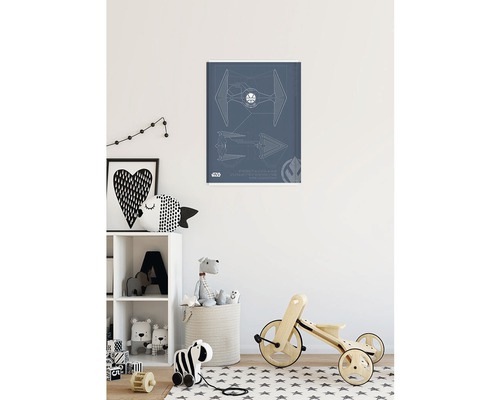 Illustratie van een Star Wars TIE fighter in een kinderkamer.