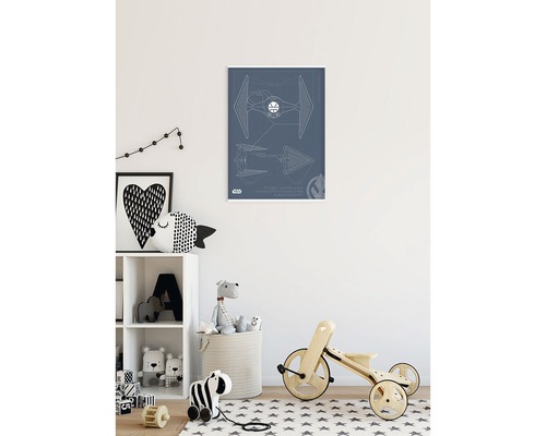 Decoratieve kinderkamer met Star Wars TIE Fighter bouwtekening poster