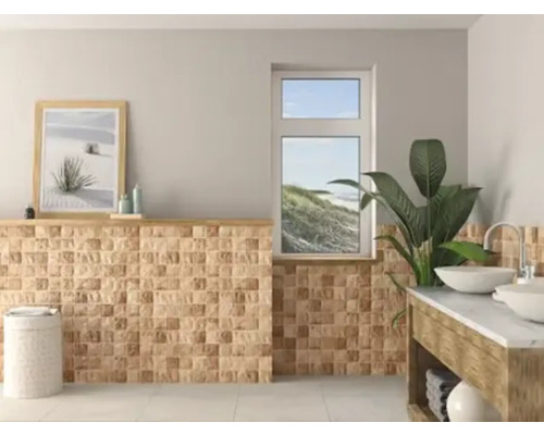 Badkamer met vierkante wandtegels, wastafelmeubel met twee wastafels en raam