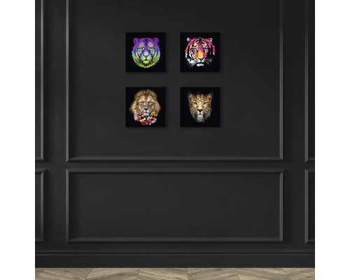 Wanddecoratie met vier dierenafbeeldingen: tijger, leeuw en luipaard