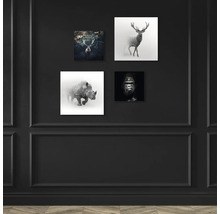 Vier canvas prints van dieren aan een muur.