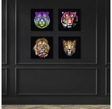 Vier dierenafbeeldingen aan een muur: tijger, leeuw en luipaard