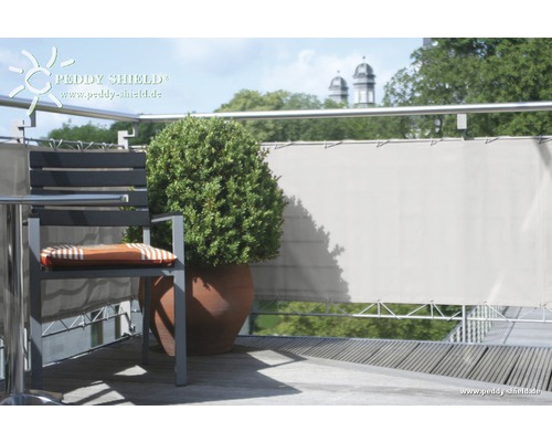 Scene van een balkon met privacyscherm, stoel en plant