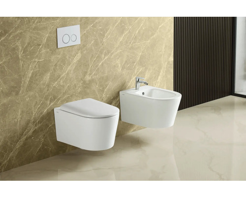 Badkamerscène met wandhangend toilet en bidet.