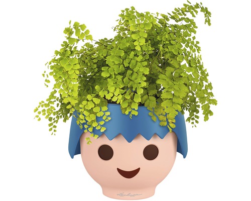 Bloempot in de vorm van een gestileerd kinderhoofd met plant