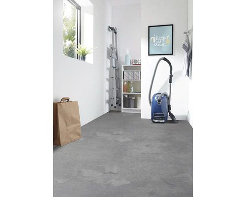 Lichte ruimte met ladder, rek, stofzuiger en grijze vloerbedekking