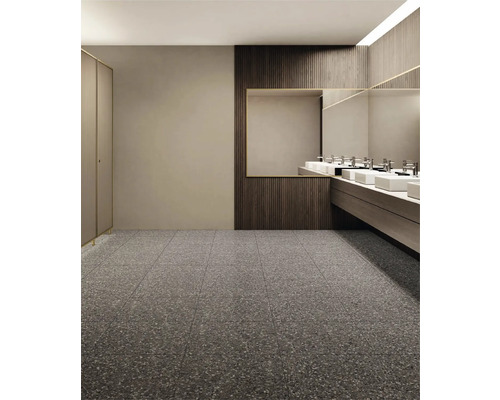 Badkamer met grijze vloertegels en wastafels