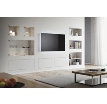 Moderne woonkamer met inbouwkasten, planken en tv aan de muur