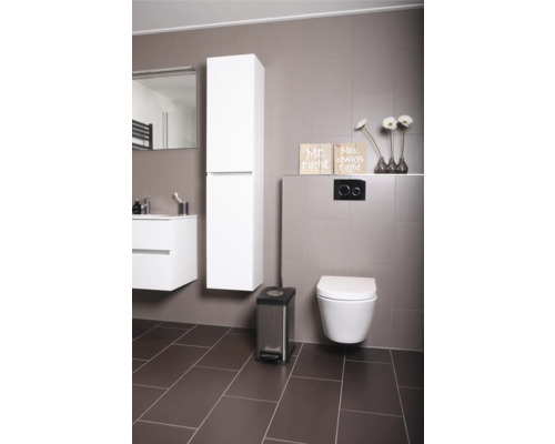 Moderne badkamer met toilet, wastafelonderkast, spiegelkast, hoge kast, pedaalemmer en decoratie