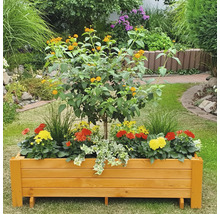 Houten plantenbak met bloemen en boom in de tuin