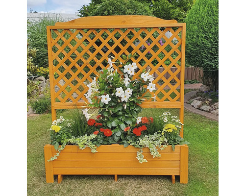 Houten plantenbak met klimrek en diverse planten in de tuin