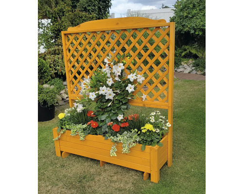 Houten plantenbak met trellis in de tuin