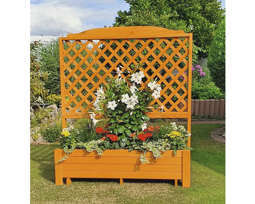 Houten plantenbak met trellis in de tuin