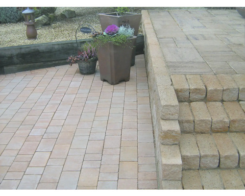 Bestraat terras met trap en plantenbakken