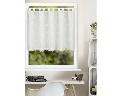 Vitrage met lusophanging en borduursel aan de onderkant voor een raam.