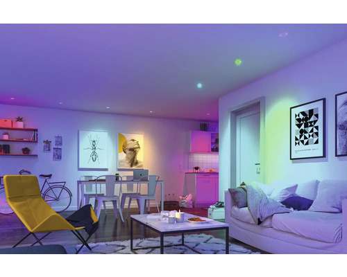 PAULMANN Smart Zigbee LED inbouwspotset Base Coin Ø 90 mm RGB+CCT wit, 3 stuks Woonkamer met gekleurde verlichting en diverse meubels