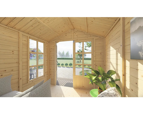 Interieurbeeld van een tuinhuis met ramen en open deur