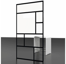 Decoratieve scheidingswand met zwart frame en witte vlakken voor een kruk