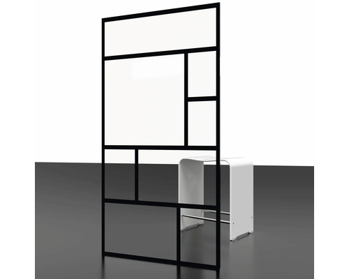 Ruimteverdeler met geometrisch design en een kruk