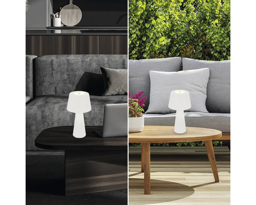 Gesplitste afbeelding met een draagbare lamp in zowel een binnen- als een buitenomgeving.