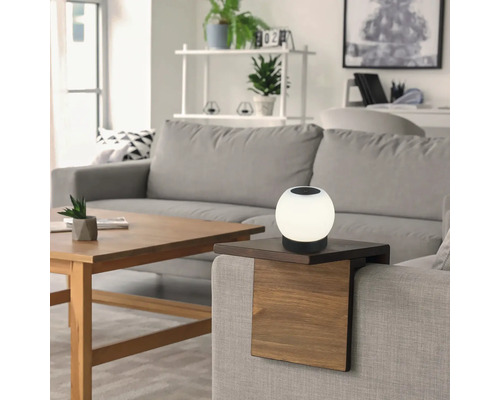 Woonkamer met bank, tafel en tafellamp op een bankleuningblad