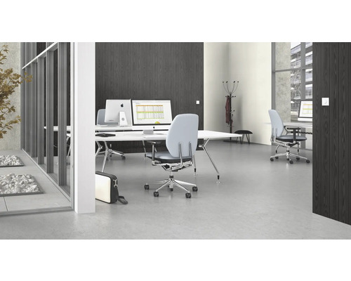 Kantoor met bureaus, bureaustoelen en computers in een lichte, moderne ruimte.